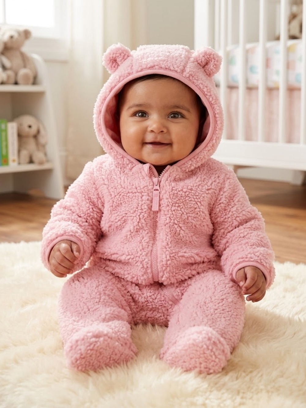 NWT wonder nation Pink Sherpa Hooded Baby Footie with Bear Ears, Size 3-6 months